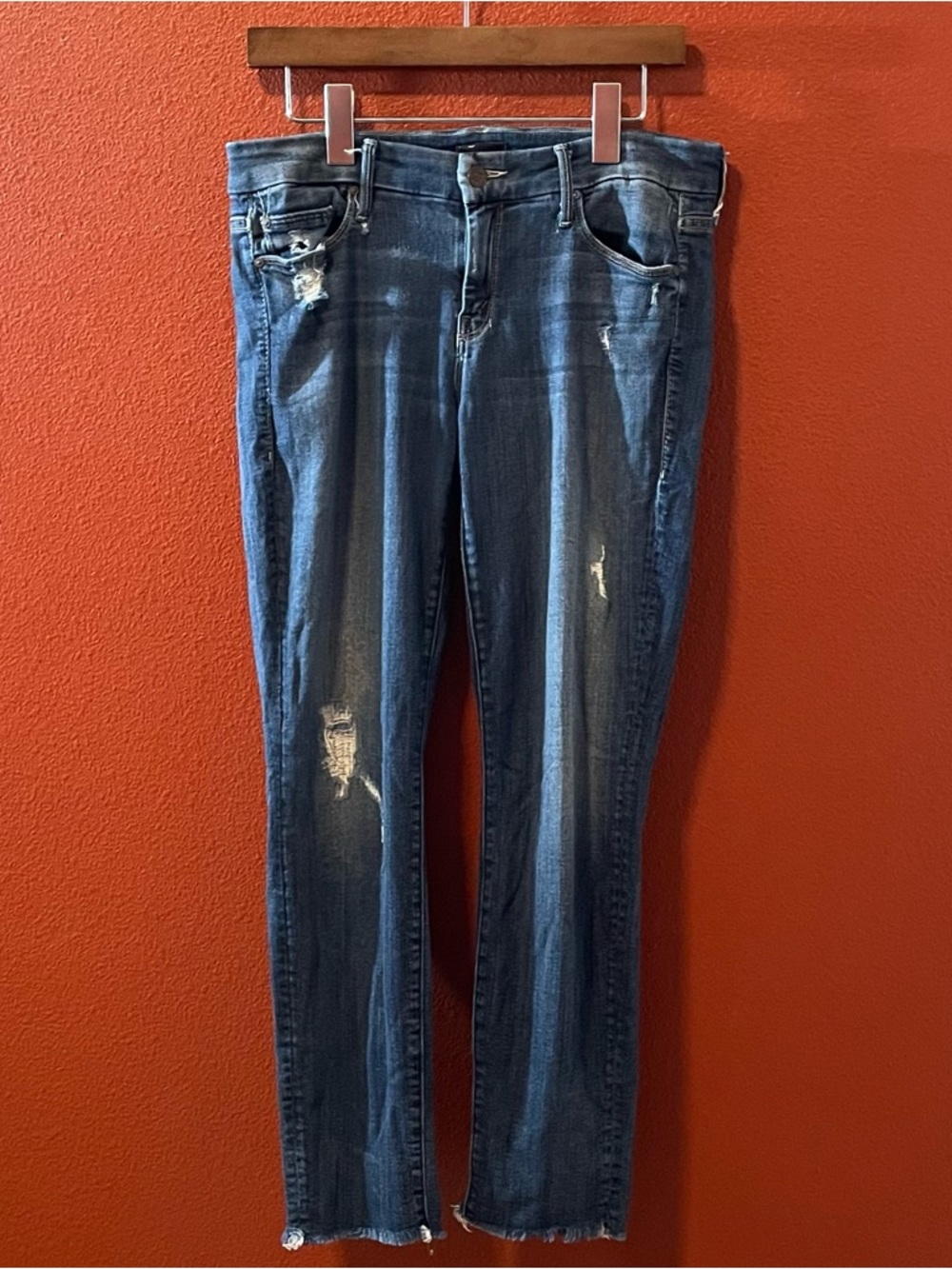 Mother Women’s‎ The Looker Ankle Fray Raw Blue Denim Distressed Trashed Jeans